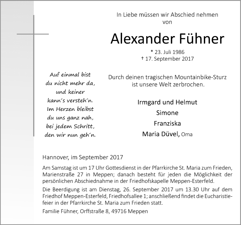  Traueranzeige für Alexander Fühner vom 23.09.2017 aus Neue Osnabrücker Zeitung GmbH & Co. KG