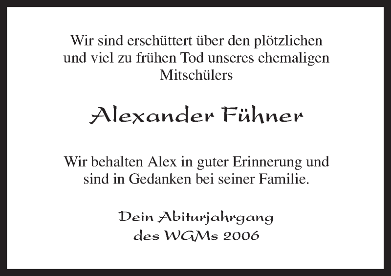  Traueranzeige für Alexander Fühner vom 26.09.2017 aus Neue Osnabrücker Zeitung GmbH & Co. KG