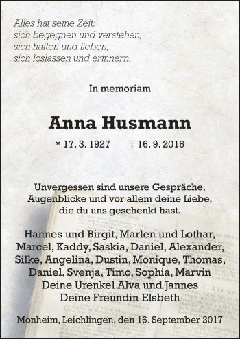 Traueranzeige von Anna Husmann von Neue Osnabrücker Zeitung GmbH & Co. KG