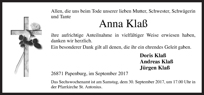  Traueranzeige für Anna Klaß vom 27.09.2017 aus Neue Osnabrücker Zeitung GmbH & Co. KG