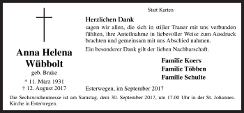 Traueranzeige von Anna Helena Wübbolt von Neue Osnabrücker Zeitung GmbH & Co. KG