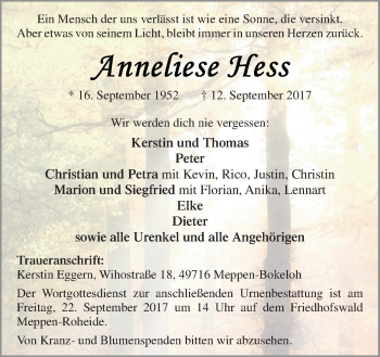 Traueranzeige von Anneliese Hess von Neue Osnabrücker Zeitung GmbH & Co. KG