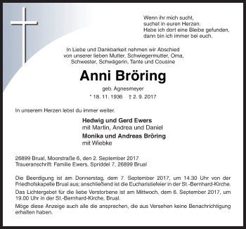 Traueranzeige von Anni Bröring von Neue Osnabrücker Zeitung GmbH & Co. KG