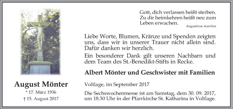  Traueranzeige für August Mönter vom 27.09.2017 aus Neue Osnabrücker Zeitung GmbH & Co. KG