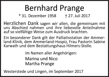 Traueranzeige von Bernhard Prange von Neue Osnabrücker Zeitung GmbH & Co. KG