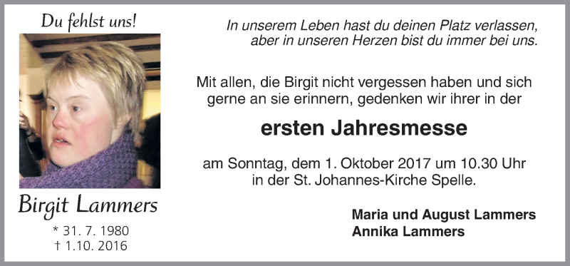  Traueranzeige für Birgit Lammers vom 28.09.2017 aus Neue Osnabrücker Zeitung GmbH & Co. KG