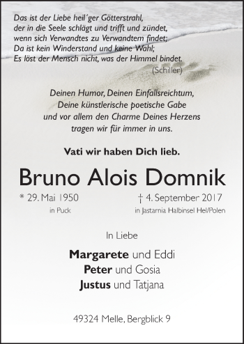 Traueranzeige von Bruno Alois Domnik von Neue Osnabrücker Zeitung GmbH & Co. KG