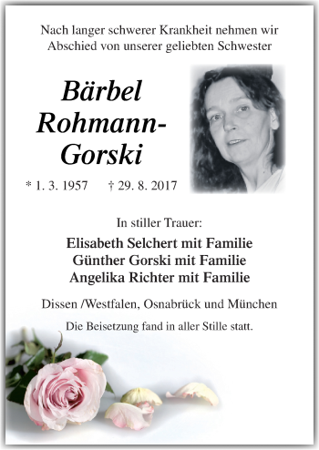 Traueranzeige von Bärbel Rohmann-Gorski von Neue Osnabrücker Zeitung GmbH & Co. KG
