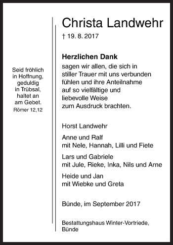 Traueranzeige von Christa Landwehr von Neue Osnabrücker Zeitung GmbH & Co. KG