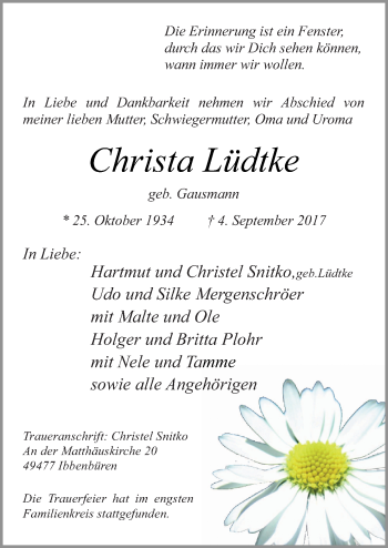 Traueranzeige von Christa Lüdtke von Neue Osnabrücker Zeitung GmbH & Co. KG