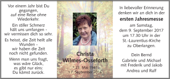 Traueranzeige von Christa Wilmes-Osseforth von Neue Osnabrücker Zeitung GmbH & Co. KG