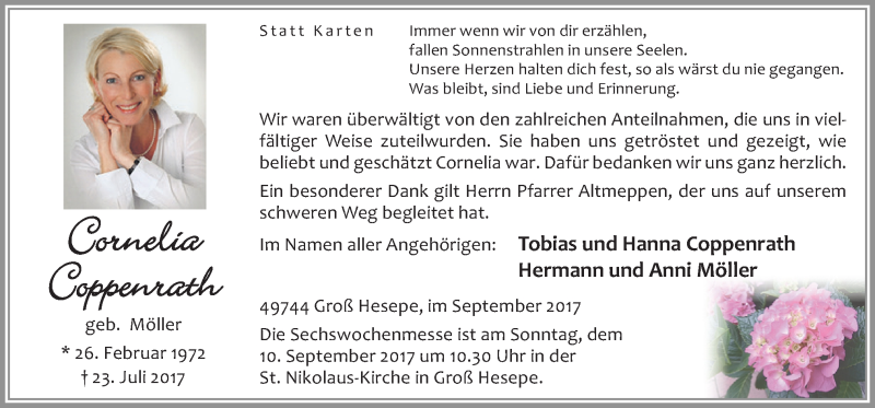  Traueranzeige für Cornelia Coppenrath vom 06.09.2017 aus Neue Osnabrücker Zeitung GmbH & Co. KG