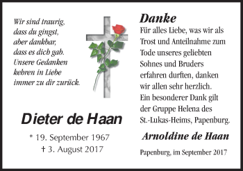 Traueranzeige von Dieter de Haan von Neue Osnabrücker Zeitung GmbH & Co. KG