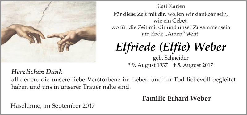  Traueranzeige für Elfriede Weber vom 09.09.2017 aus Neue Osnabrücker Zeitung GmbH & Co. KG