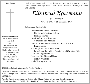 Traueranzeige von Elisabeth Kottmann von Neue Osnabrücker Zeitung GmbH & Co. KG