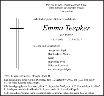 Traueranzeige von Emma Teepker von Neue Osnabrücker Zeitung GmbH & Co. KG