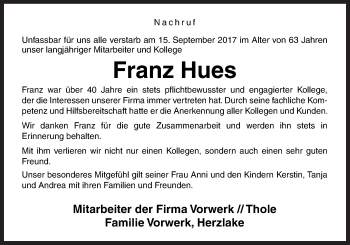 Traueranzeige von Franz Hues von Neue Osnabrücker Zeitung GmbH & Co. KG