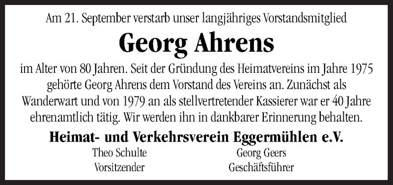  Traueranzeige für Georg Ahrens vom 25.09.2017 aus Neue Osnabrücker Zeitung GmbH & Co. KG