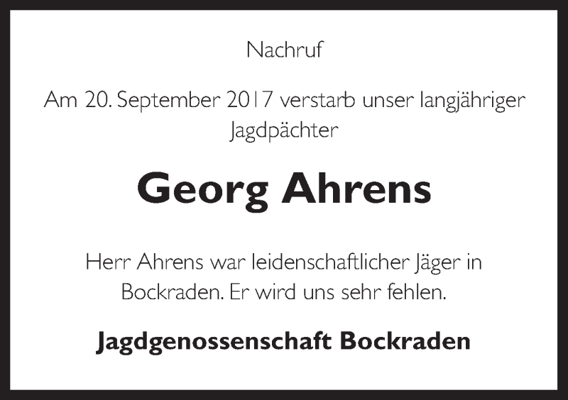  Traueranzeige für Georg Ahrens vom 25.09.2017 aus Neue Osnabrücker Zeitung GmbH & Co. KG