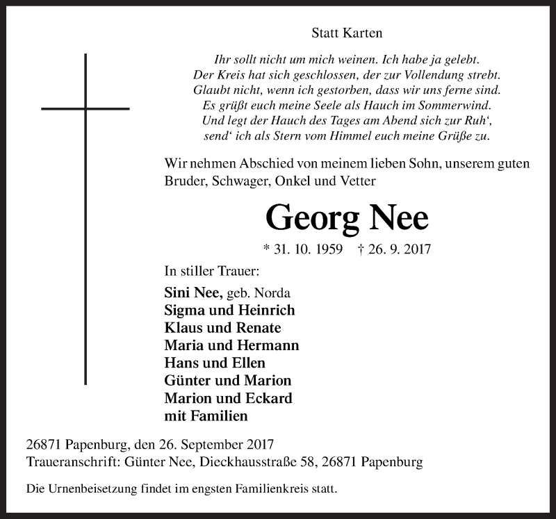  Traueranzeige für Georg Nee vom 30.09.2017 aus Neue Osnabrücker Zeitung GmbH & Co. KG