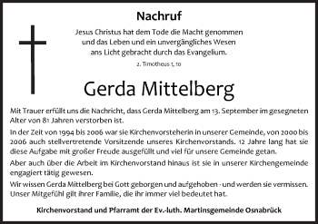 Traueranzeige von Gerda Mittelberg von Neue Osnabrücker Zeitung GmbH & Co. KG