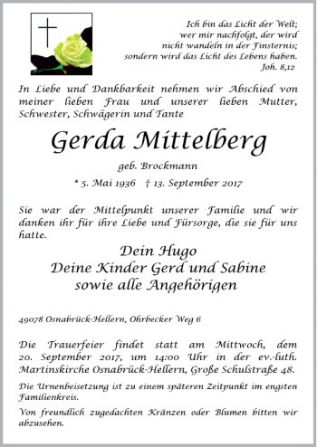 Traueranzeige von Gerda Mittelberg von Neue Osnabrücker Zeitung GmbH & Co. KG