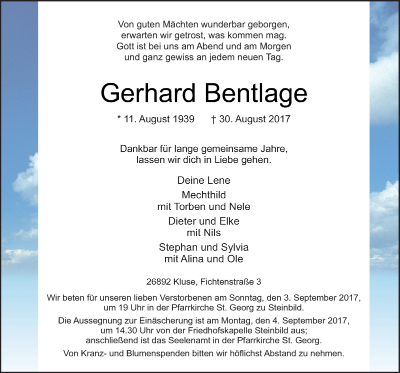  Traueranzeige für Gerhard Bentlage vom 01.09.2017 aus Neue Osnabrücker Zeitung GmbH & Co. KG