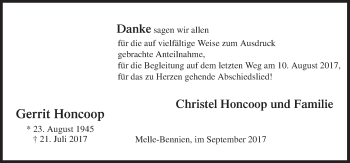 Traueranzeige von Gerrit Honcoop von Neue Osnabrücker Zeitung GmbH & Co. KG