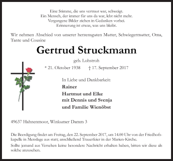 Traueranzeige von Gertrud Struckmann von Neue Osnabrücker Zeitung GmbH & Co. KG