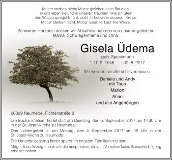 Traueranzeige von Gisela Üdema von Neue Osnabrücker Zeitung GmbH & Co. KG