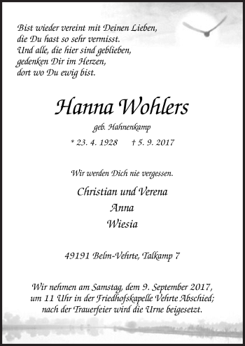 Traueranzeige von Hanna Wohlers von Neue Osnabrücker Zeitung GmbH & Co. KG