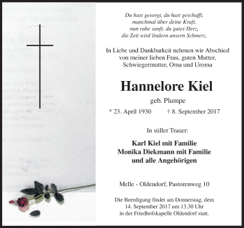 Traueranzeige von Hannelore Kiel von Neue Osnabrücker Zeitung GmbH & Co. KG