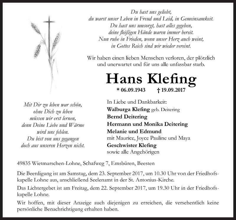  Traueranzeige für Hans Klefing vom 21.09.2017 aus Neue Osnabrücker Zeitung GmbH & Co. KG