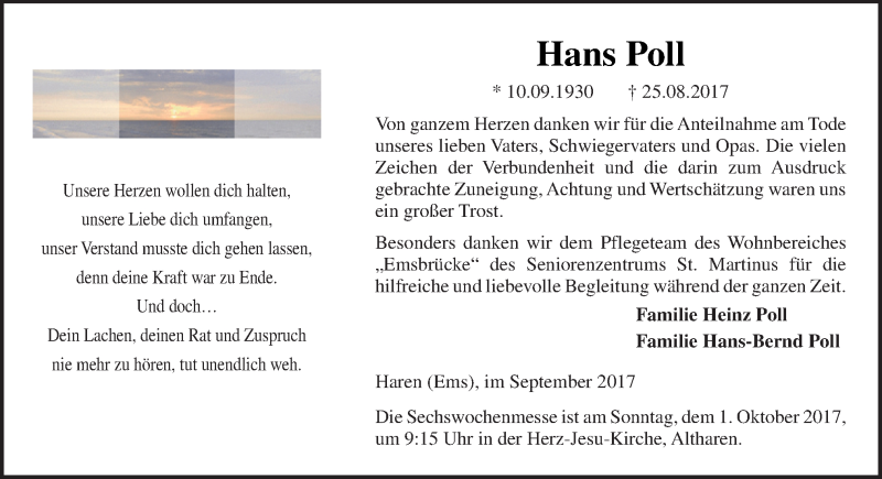  Traueranzeige für Hans Poll vom 23.09.2017 aus Neue Osnabrücker Zeitung GmbH & Co. KG