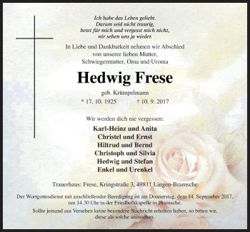 Traueranzeige von Hedwig Frese von Neue Osnabrücker Zeitung GmbH & Co. KG