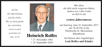 Traueranzeige von Heinrich Rolfes von Neue Osnabrücker Zeitung GmbH & Co. KG