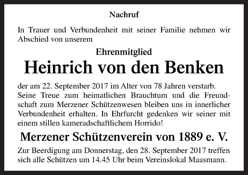 Traueranzeige für Heinrich von den Benken vom 25.09.2017 aus Neue Osnabrücker Zeitung GmbH & Co. KG