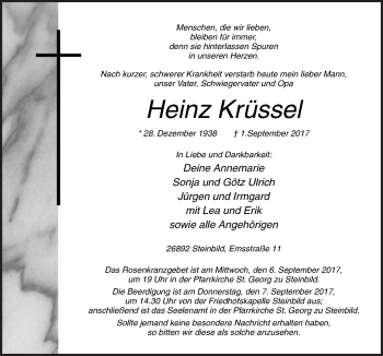 Traueranzeige von Heinz Krüssel von Neue Osnabrücker Zeitung GmbH & Co. KG