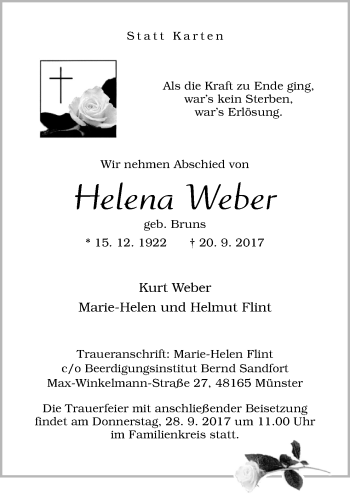 Traueranzeige von Helena Weber von Neue Osnabrücker Zeitung GmbH & Co. KG