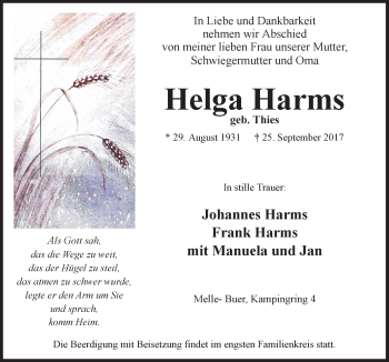 Traueranzeige von Helga Harms von Neue Osnabrücker Zeitung GmbH & Co. KG