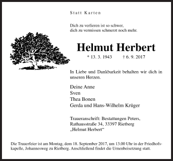 Traueranzeige von Helmut Herbert von Neue Osnabrücker Zeitung GmbH & Co. KG