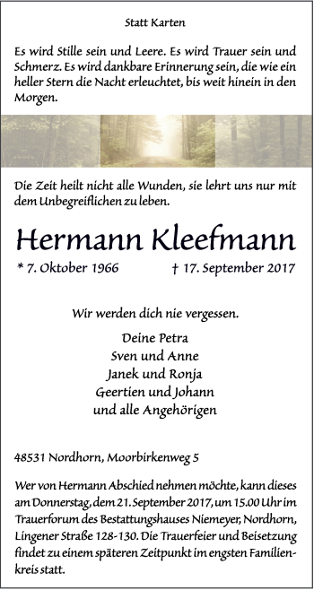 Traueranzeige von Hermann Kleefmann von Neue Osnabrücker Zeitung GmbH & Co. KG