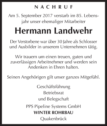 Traueranzeige von Hermann Landwehr von Neue Osnabrücker Zeitung GmbH & Co. KG