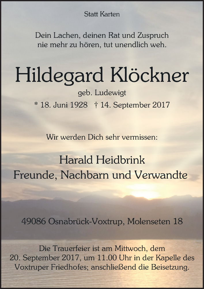 Traueranzeigen Von Hildegard Klockner Noz Trauerportal