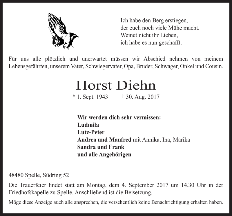  Traueranzeige für Horst Diehn vom 01.09.2017 aus Neue Osnabrücker Zeitung GmbH & Co. KG