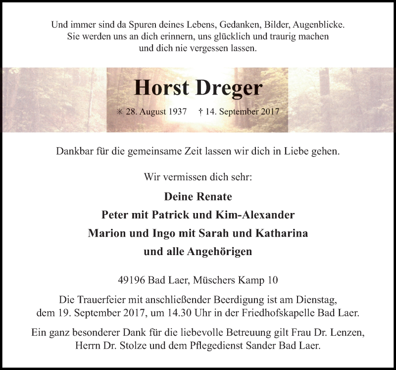  Traueranzeige für Horst Dreger vom 16.09.2017 aus Neue Osnabrücker Zeitung GmbH & Co. KG