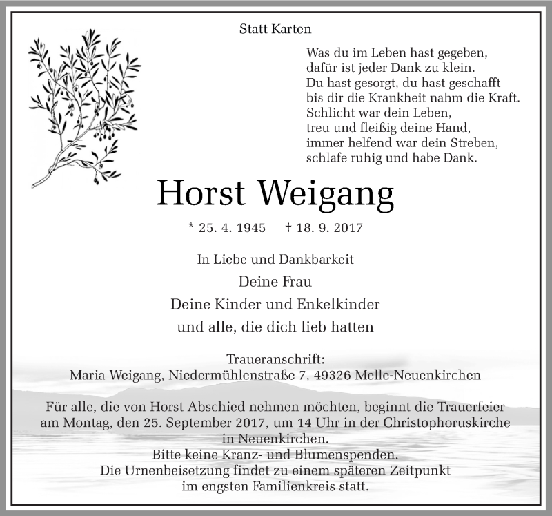  Traueranzeige für Horst Weigang vom 21.09.2017 aus Neue Osnabrücker Zeitung GmbH & Co. KG