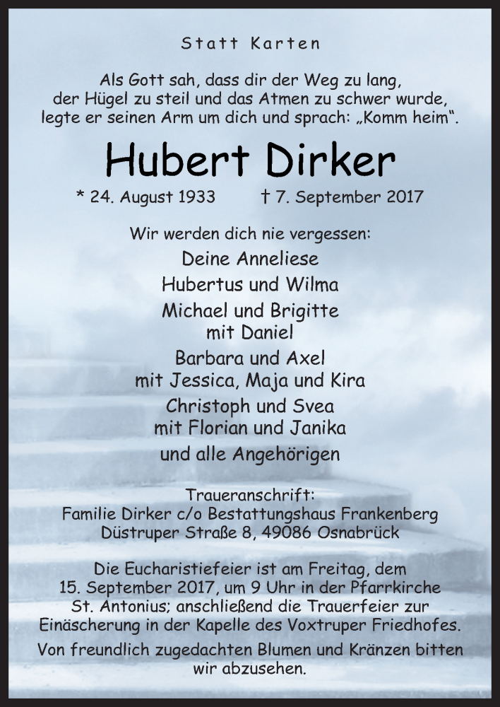  Traueranzeige für Hubert Dirker vom 12.09.2017 aus Neue Osnabrücker Zeitung GmbH & Co. KG