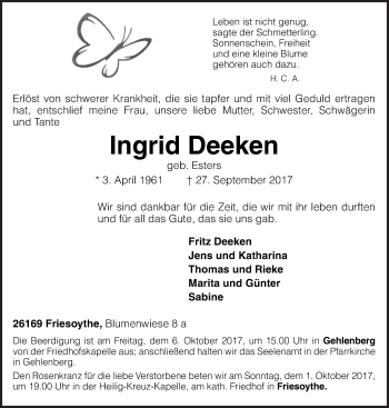 Traueranzeige von Ingrid Deeken von Neue Osnabrücker Zeitung GmbH & Co. KG