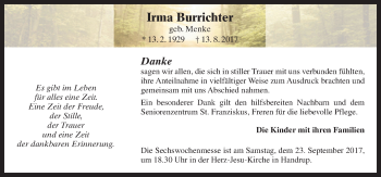 Traueranzeige von Irma Burrichter von Neue Osnabrücker Zeitung GmbH & Co. KG